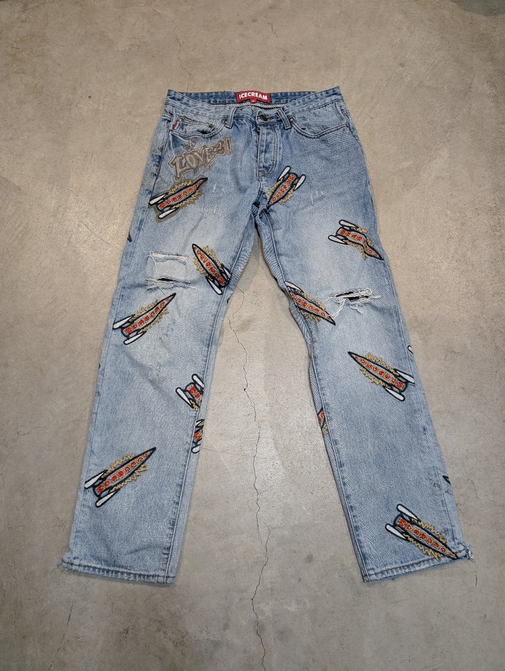 ICECREAM Light Blue Rocket Patch Straight Jeans  Mens 32 Flaw